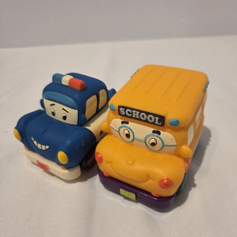 Lot of 2 B. Toys Mini Pull Back Toddler Cars; School Bus, Police Car